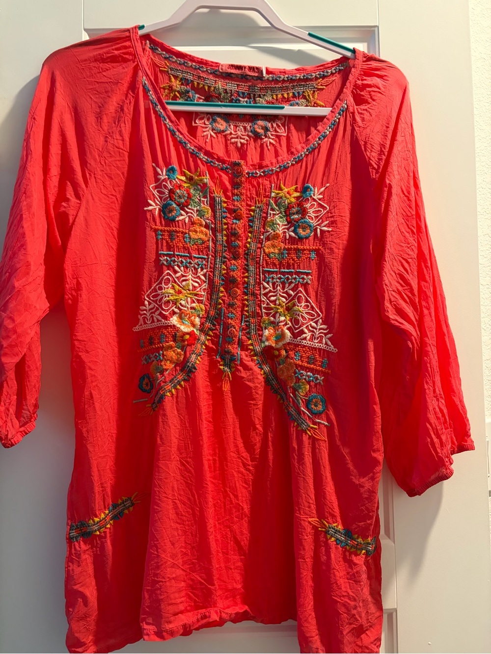 Johnny Was Coral Embroidered Boho Tunic